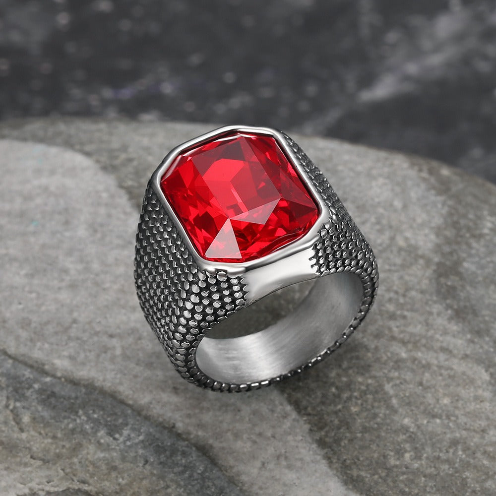 Kemstone Hip-hop Retro Distressed Zircon Men's Ring - Wide Band Stainless Steel Edgy Single Statement Piece TR0441