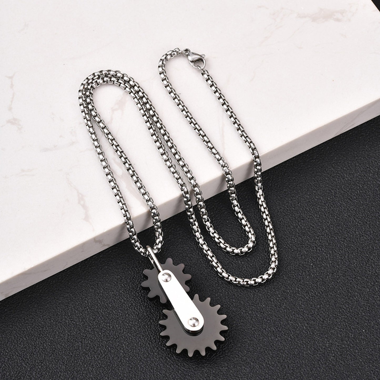 Kemston Stainless Steel Dual Gear Pendant Necklace for Men Mechanical Street PN-2408