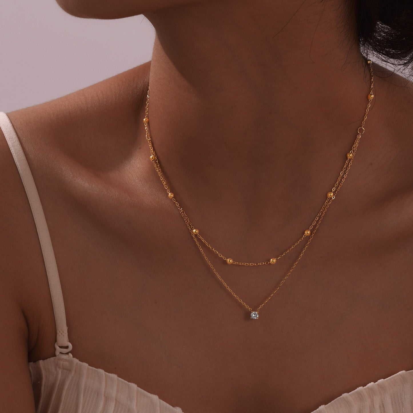Collar elegante de acero inoxidable de doble capa con circonitas estilo INS para dama en dorado 1856