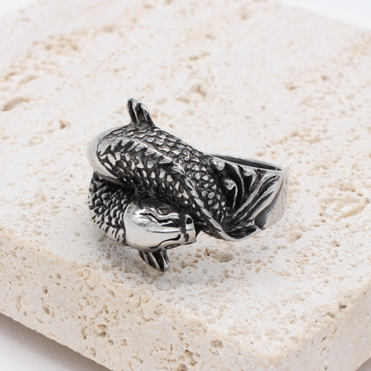 Kemstone Titanium Steel Sculpted Koi Fish Ring for Men R1075