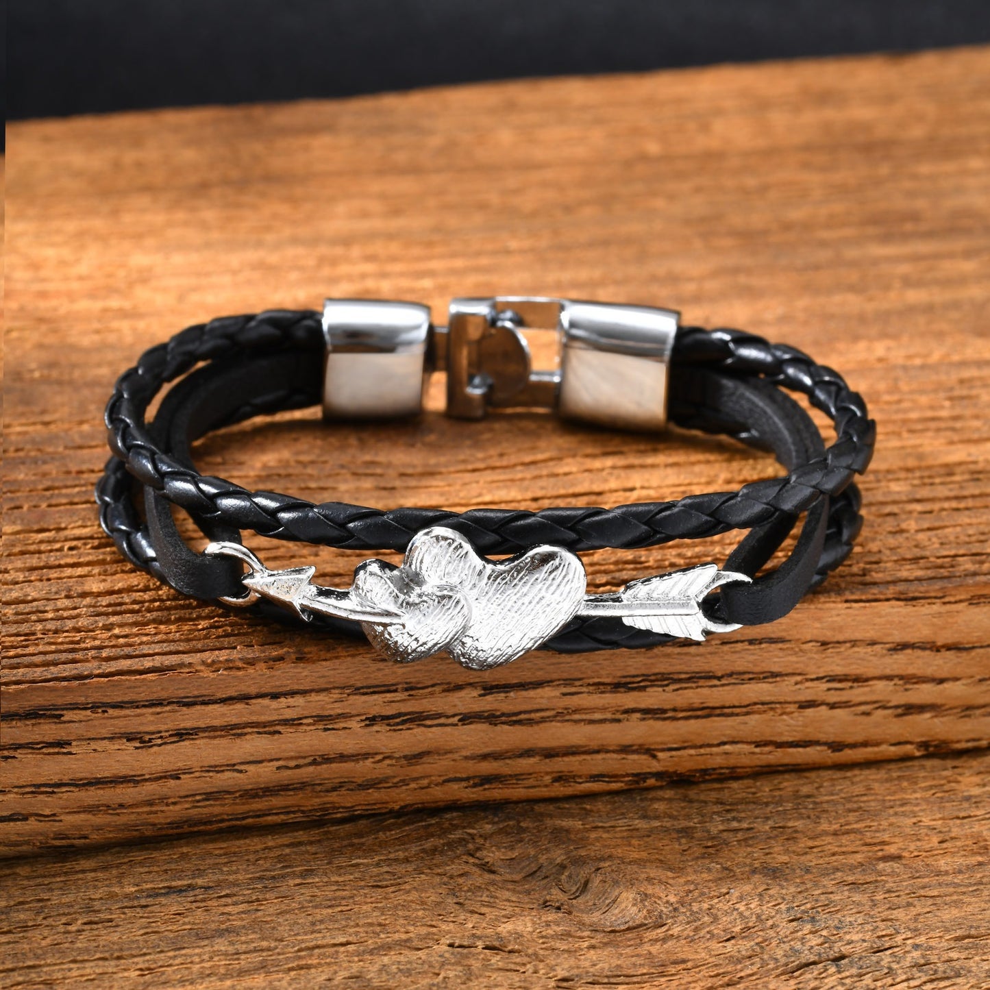 Kemstone Heart Arrow Leather Bracelet Double Braided PU Cord with Alloy Clasp for Men BL-822