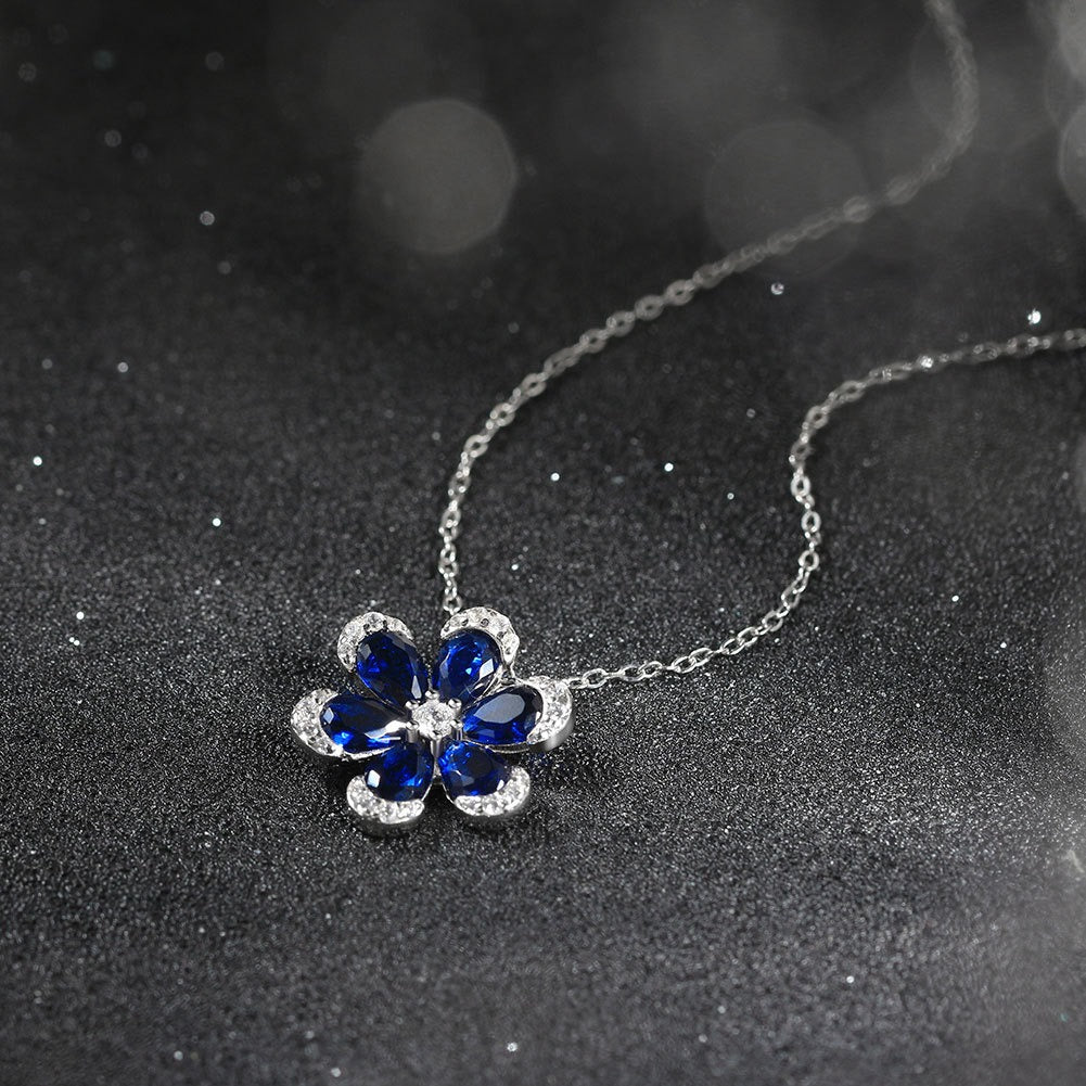 Kemstone Blue Flower Pendant Necklace for Women 925 Sterling Silver Cubic Zirconia Accent LZN17