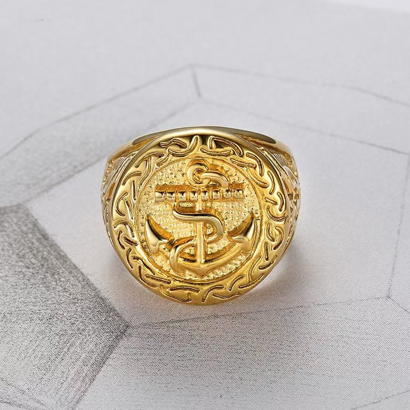 Kemstone Anchor Signet Ring for Men Stainless Steel Gold Plated Vintage Nautical TR0469