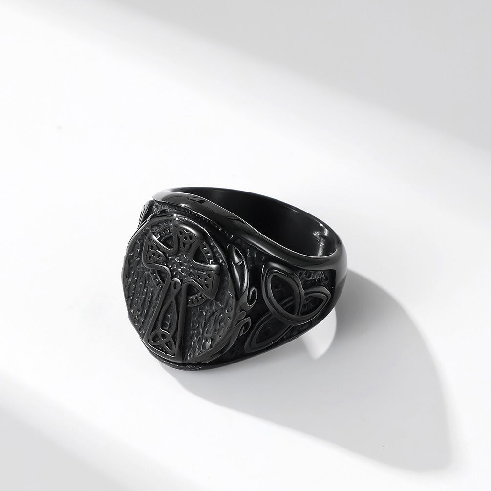 Kemstone Men’s Titanium Steel Celtic Cross Ring – Eternal Knot Design K-R647
