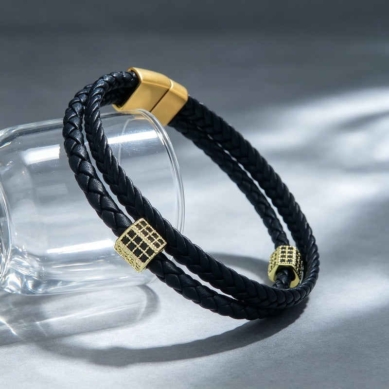 Kemstone Double Layer Braided Leather Bracelet for Men Copper Accent KB214771-SJ