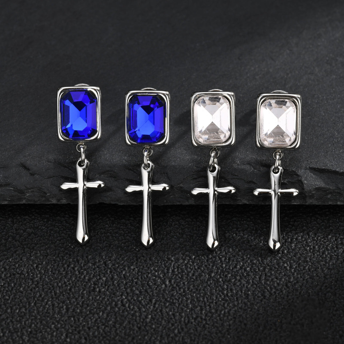 Kemstone Blue Crystal Cross Earring for Men Stainless Steel ED-1148