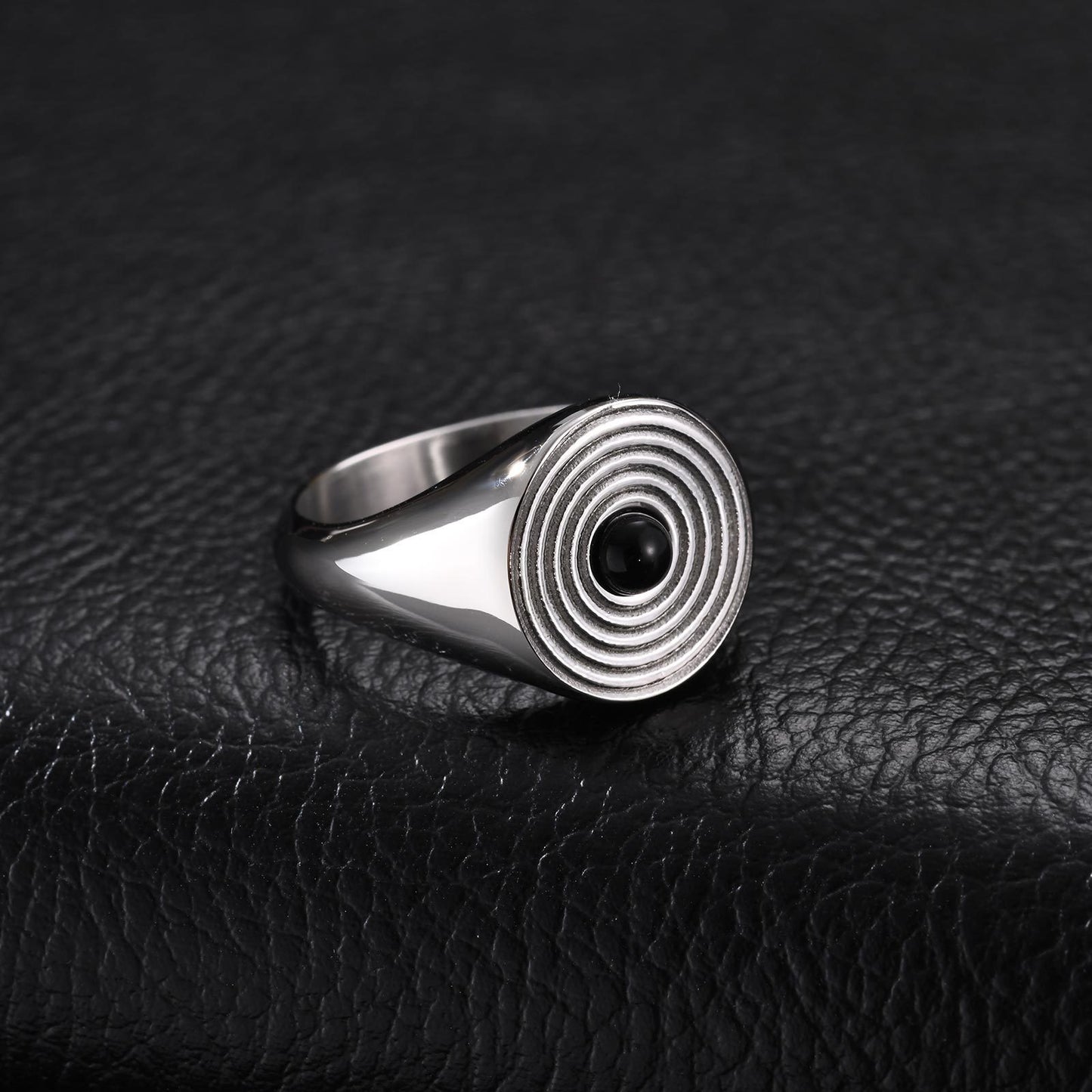 Kemstone Stainless Steel Black Stone Signet Ring for Men Concentric Pattern Vintage RC1108