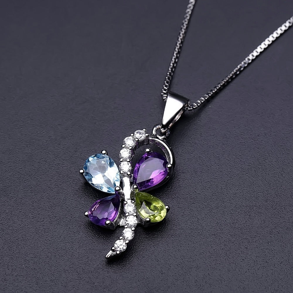 Kemstone Halskette mit natürlichem himmelblauem Topas/Amethyst/Peridot, S925 Sterlingsilber, Edelstein-Halskette für Damen, 45,7 cm
