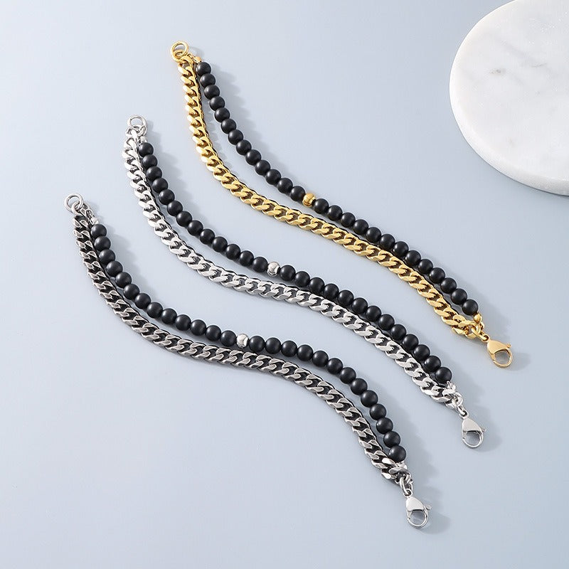 Kemstone Dual-Layer Onyx & Cuban Chain Bracelet – Stainless Steel Power Symbol KB185323-Z