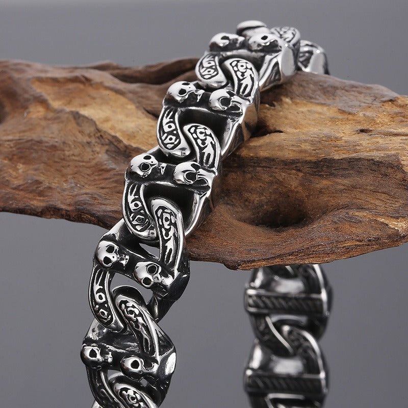 Kemstone Matte Black Skull Bracelet – Titanium Steel Cuban Chain for Men | Gothic Punk Streetwear Jewelry KB162805-KJX