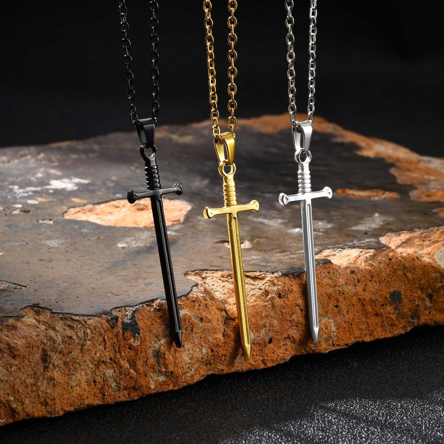 Kemstone Stainless Steel Sword Pendant Necklace for Men – Silver, Gold, Black NC-2556