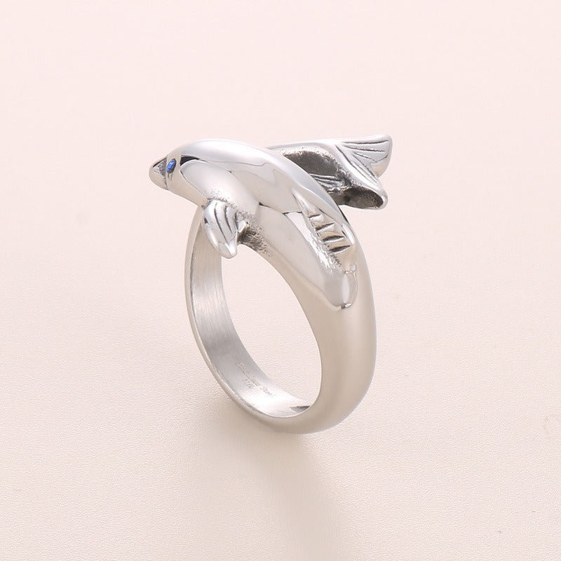 Kemstone Dolphin Ring for Men Titanium Steel Blue Eye Ocean Design KR104181-BDJX