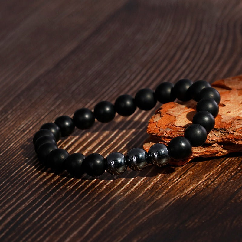 Kemstone Gray Ironstone & Matte Black Agate Bracelet - Handcrafted Men's Zen-Inspired Beads KB109671
