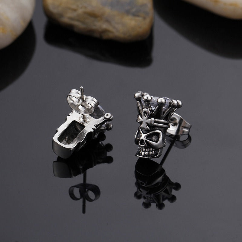 Kemstone Crowned Skull Cubic Zirconia Stud Earrings for Men – Titanium Steel Vintage Silver KE71702