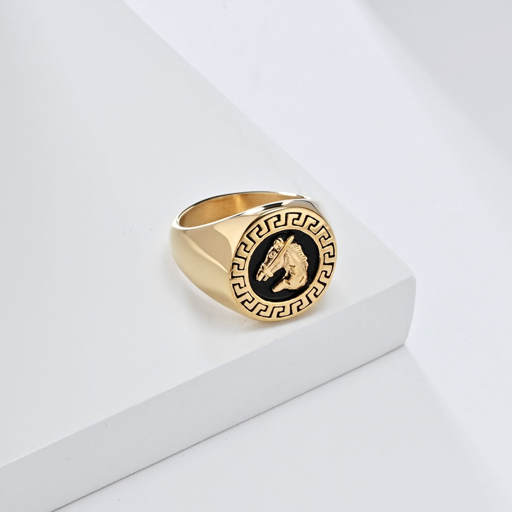 Kemstone Stainless Steel Horse Head Signet Ring – Vintage Relief Style for Men K-R956