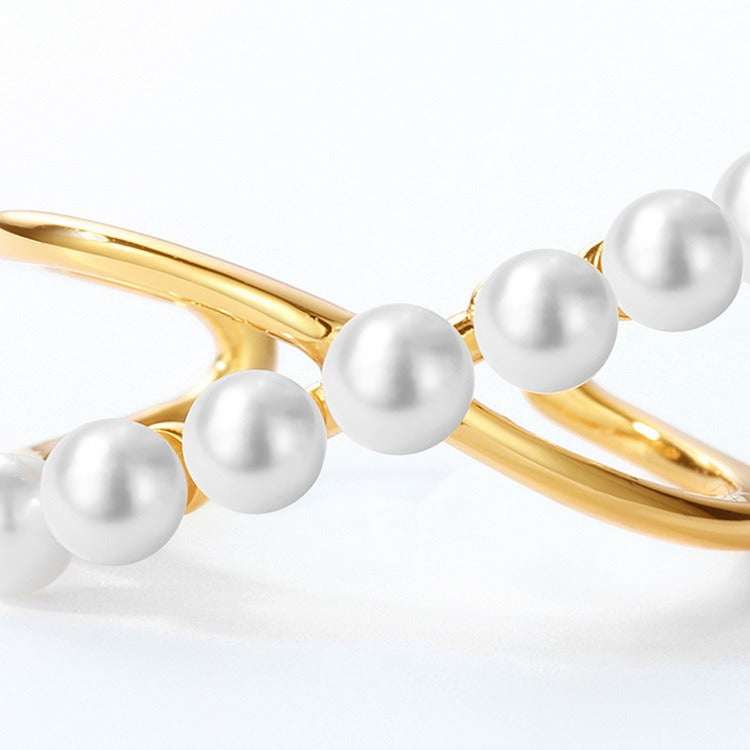 Kemstone Handcrafted Original Design Minimalist Geometric Pearl Ring, Adjustable S925 Sterling Silver with 9K Gold Plating
