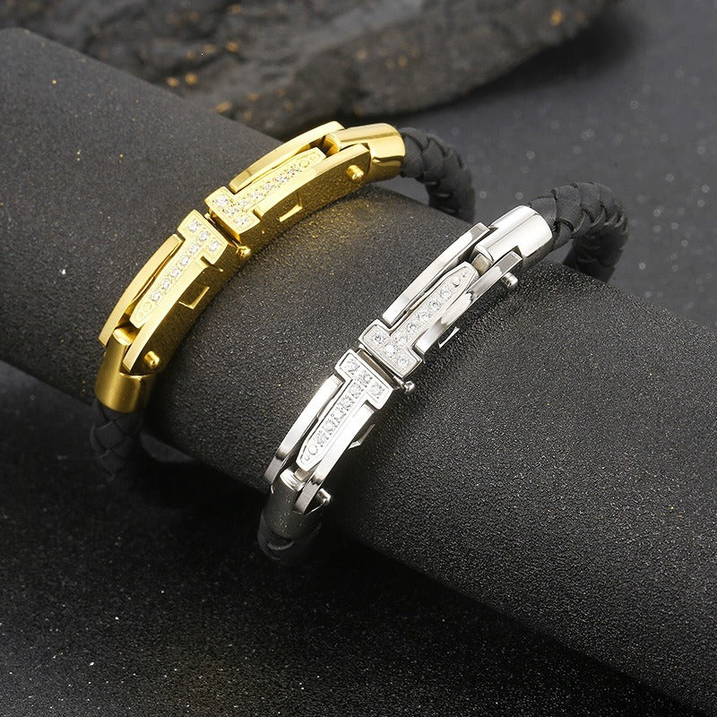 Kemston T-Bar Braided Leather Bracelet for Men Titanium Steel Stone Accent Gold Silver KB163596-KFC