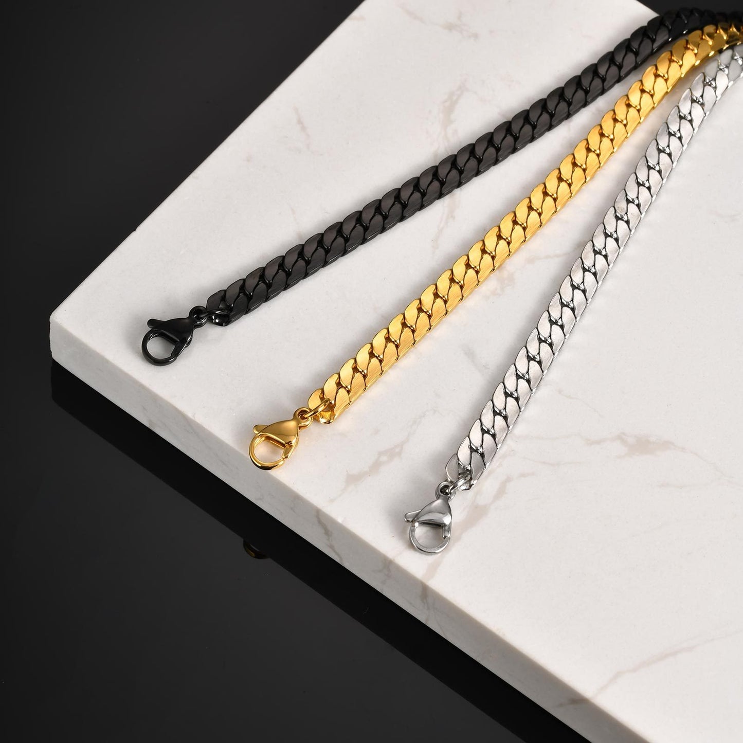 Kemstone Stainless Steel Flat NK Chain Bracelet – Men’s Jewelry Silver Gold Black BR-1938