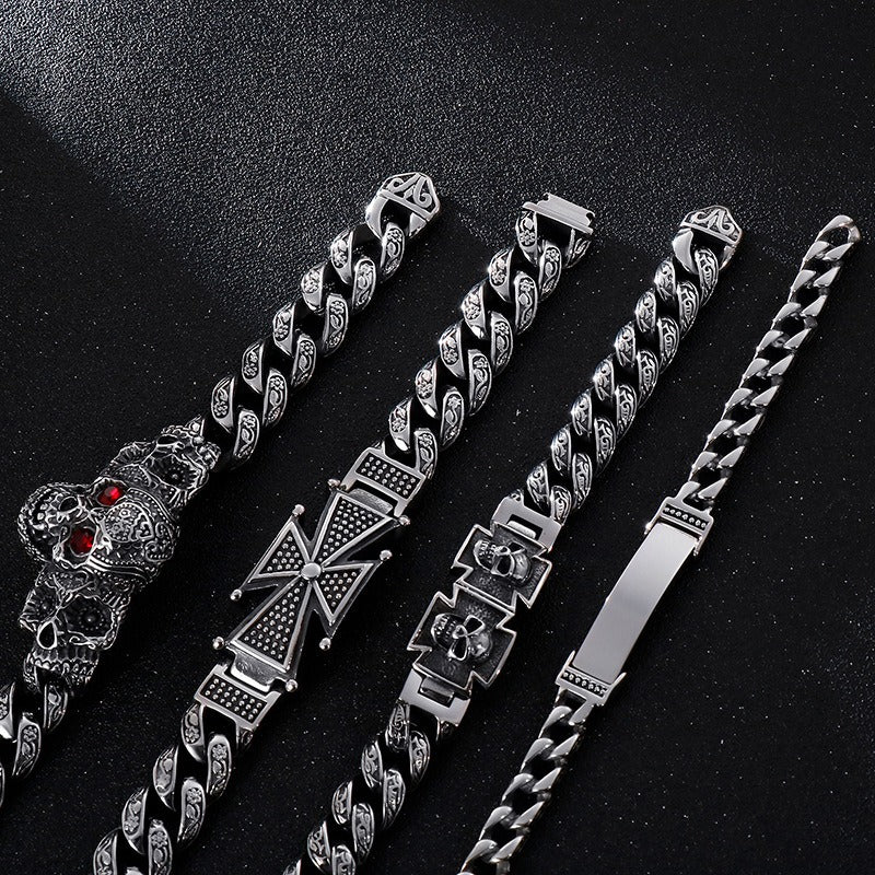 Kemstone Skull Cross Bracelet – Distressed Titanium Steel with Zircon Inlays | Gothic Punk Jewelry for Men KB112525-BD