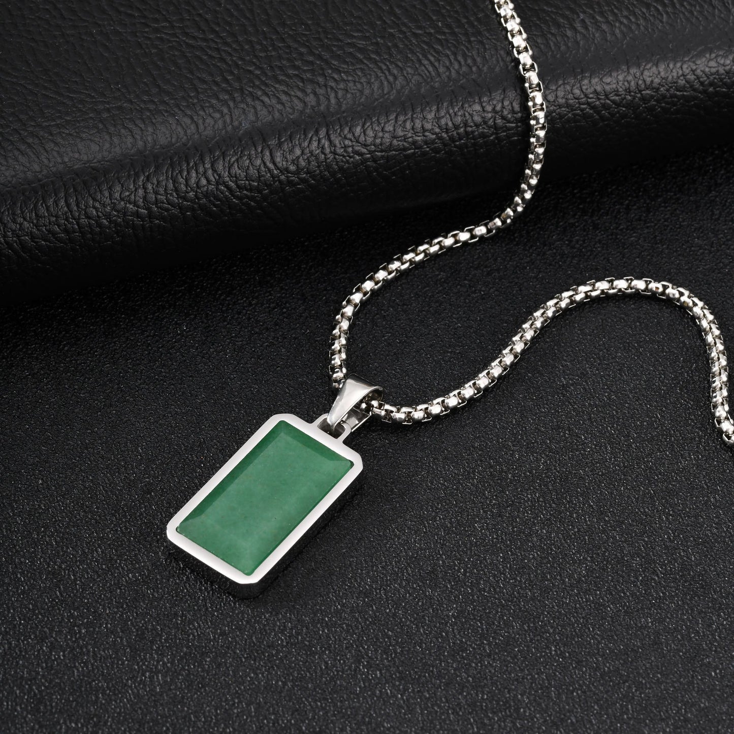 Kemstone Green Stone Pendant Necklace Stainless Steel Rectangular Minimalist Necklace for Men PN-2259