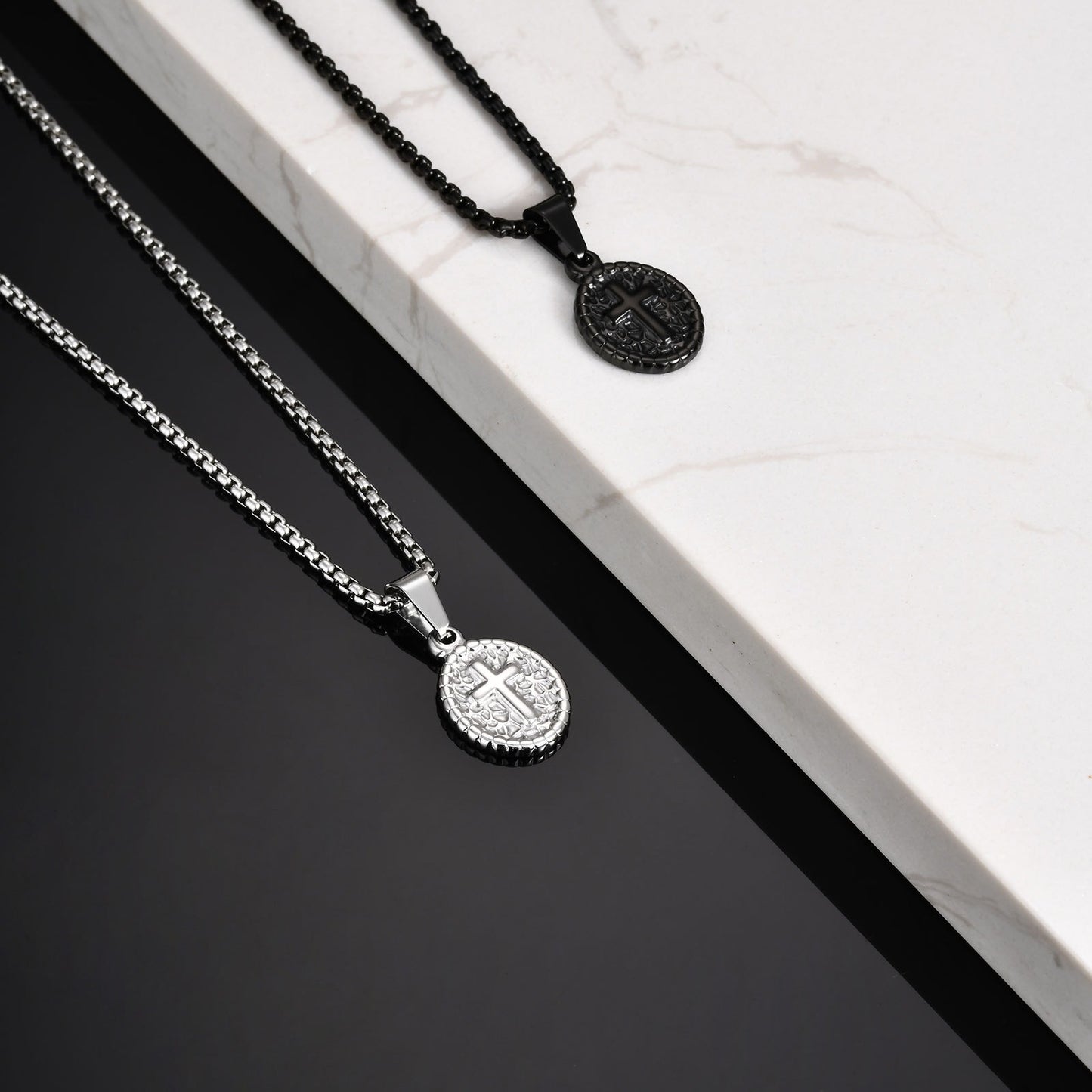 Kemstone Men’s Stainless Steel Cross Oval Pendant Necklace – Silver Black PN-2182