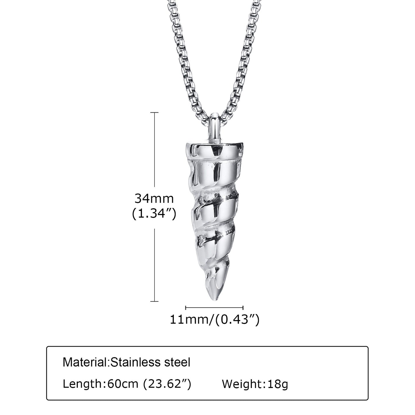 Kemstone Stainless Steel Unicorn Horn Pendant Necklace for Men Spiral Texture Vintage PN-1122
