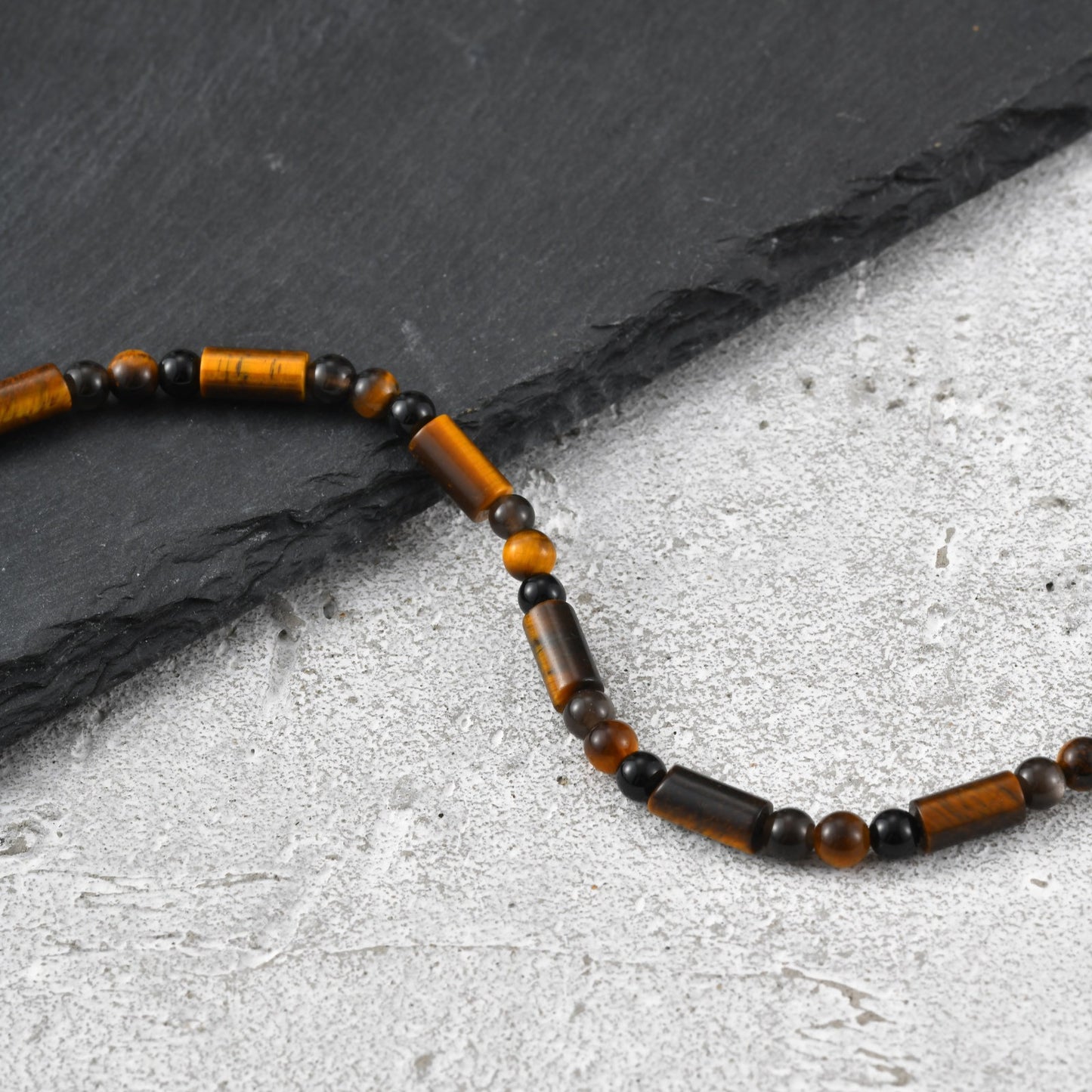 Kemstone Tiger Eye Beaded Bracelet for Men – Natural Stone Black Onyx Adjustable Chain BR-2924