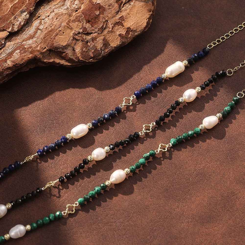Kemston Malachite Freshwater Pearl Bracelet for Women 925 Sterling Silver Gold Plated MPB18