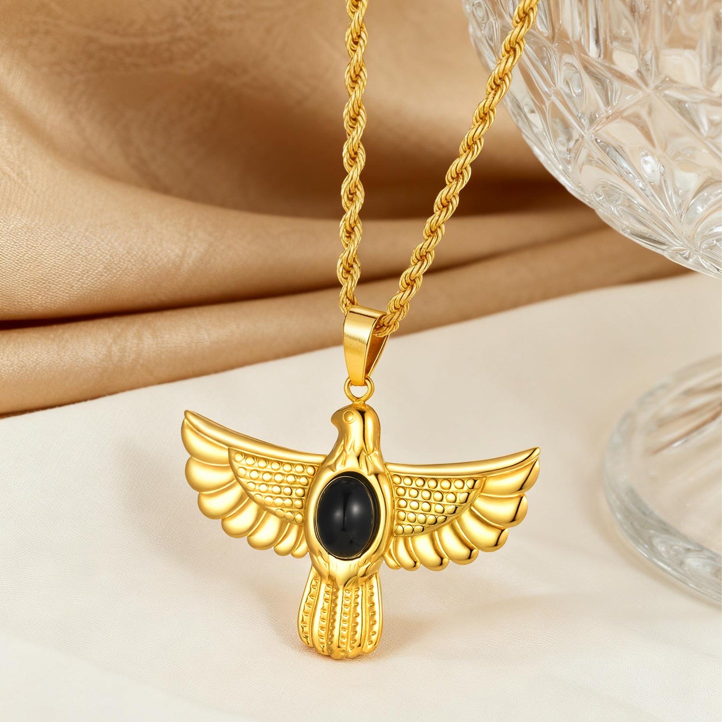 Kemstone Eagle Wing Pendant Necklace Stainless Steel Gold Black Detail for Men Women PN-2331
