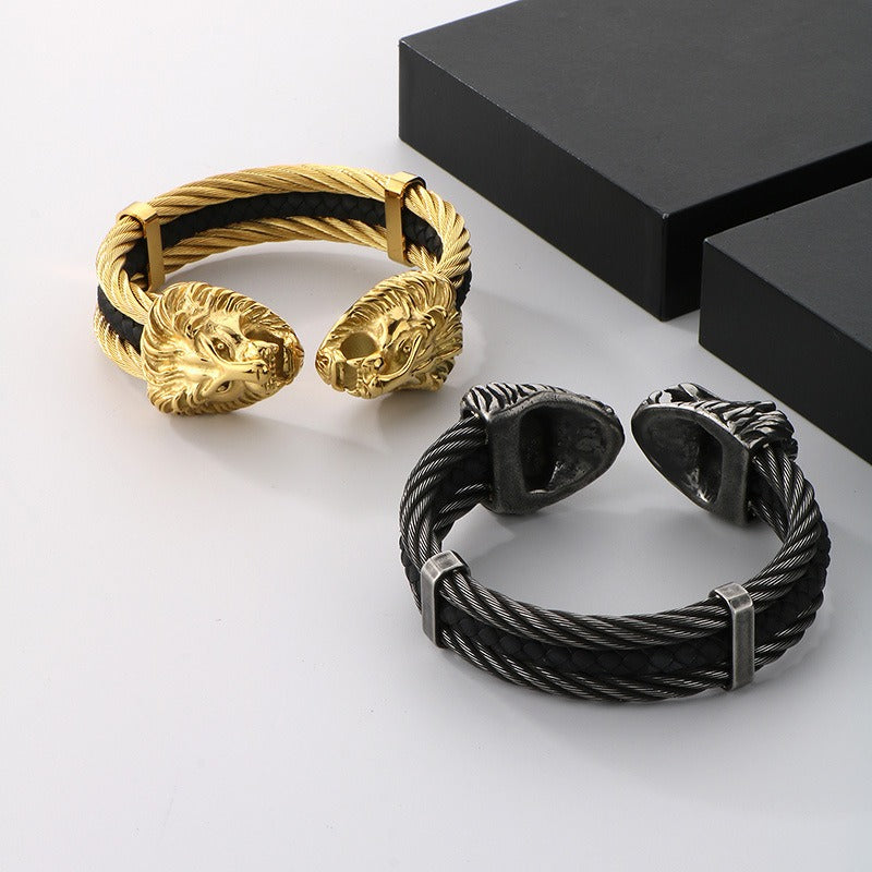Kemstone Titanium Steel Lion Head Open Cuff Bracelet for Men – Steel Cable KB167192-KFC