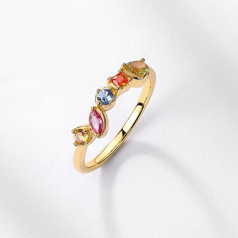 Anillo geométrico arcoíris de plata de ley S925 con diseño original artesanal de Kemstone y nanocircón - Joyería bañada en oro