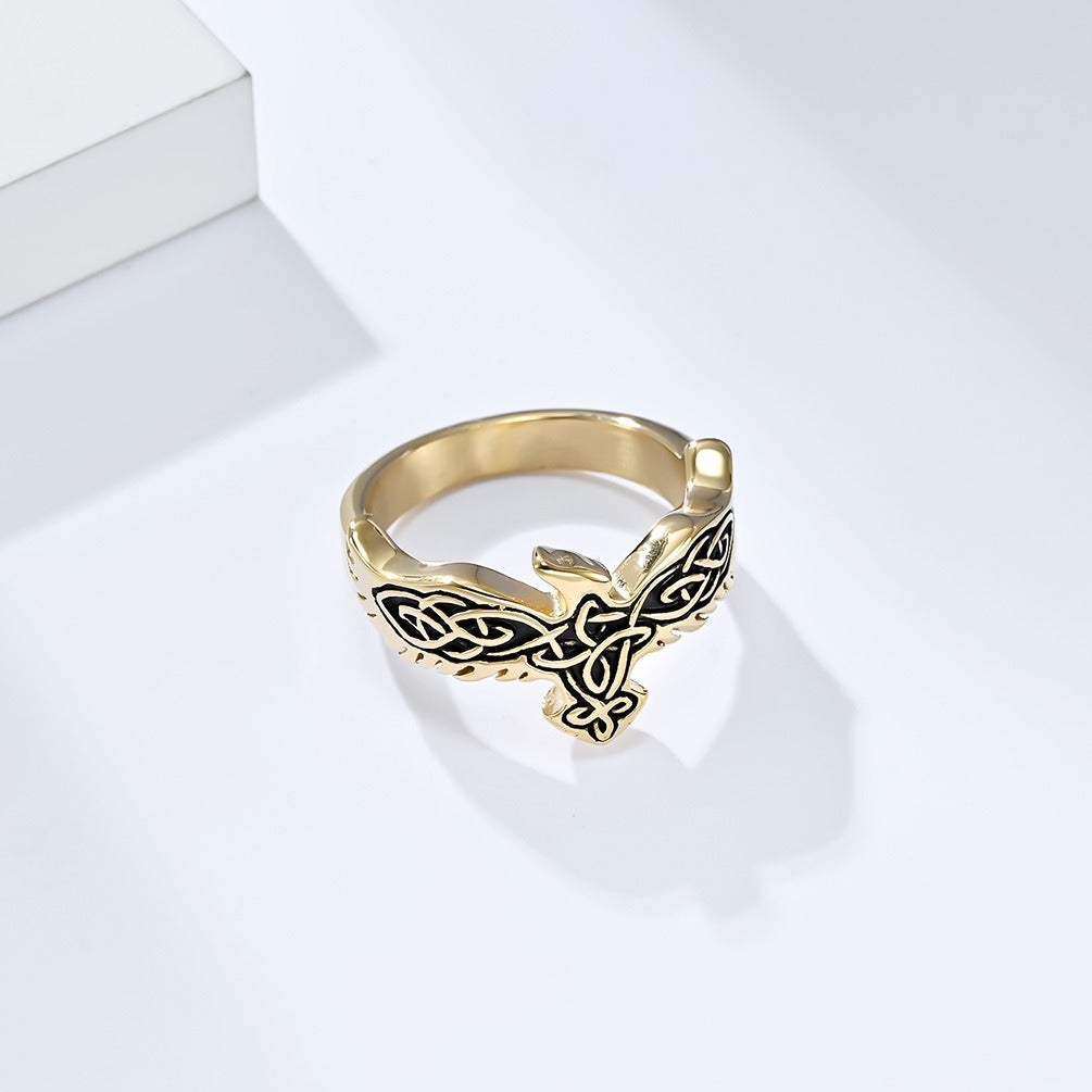 Kemstone Titanium Steel Celtic Eagle Knot Ring for Men, Vintage Symbolic Band, Silver/Gold/Black K-R718