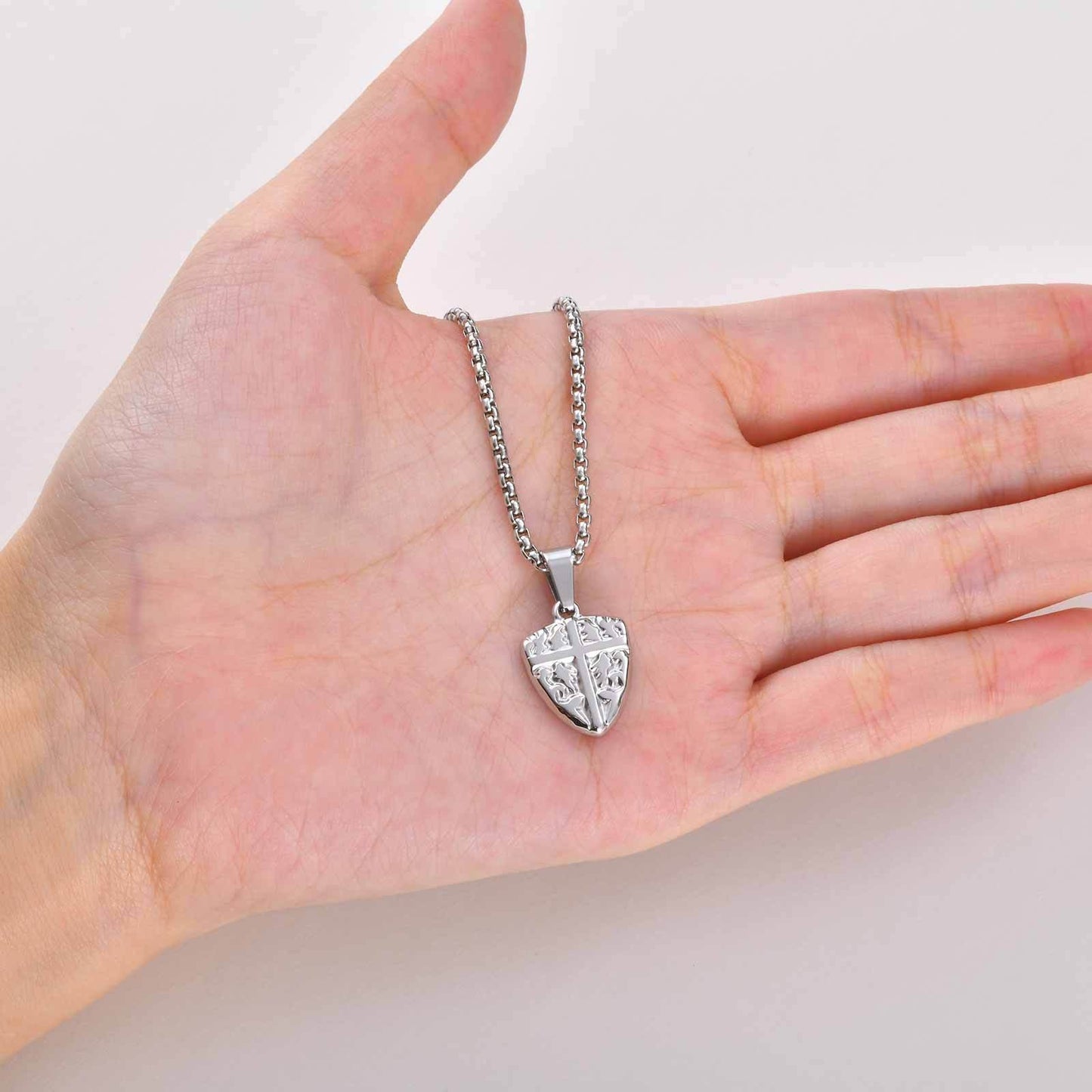 Kemston Stainless Steel Shield Cross Pendant Necklace for Men Carved Design PN-2425