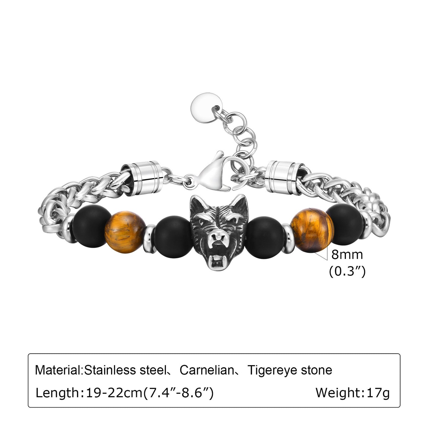 Kemstone Wolf Head Bracelet for Men Stainless Steel Tiger Eye Bead Bracelet BR-1904