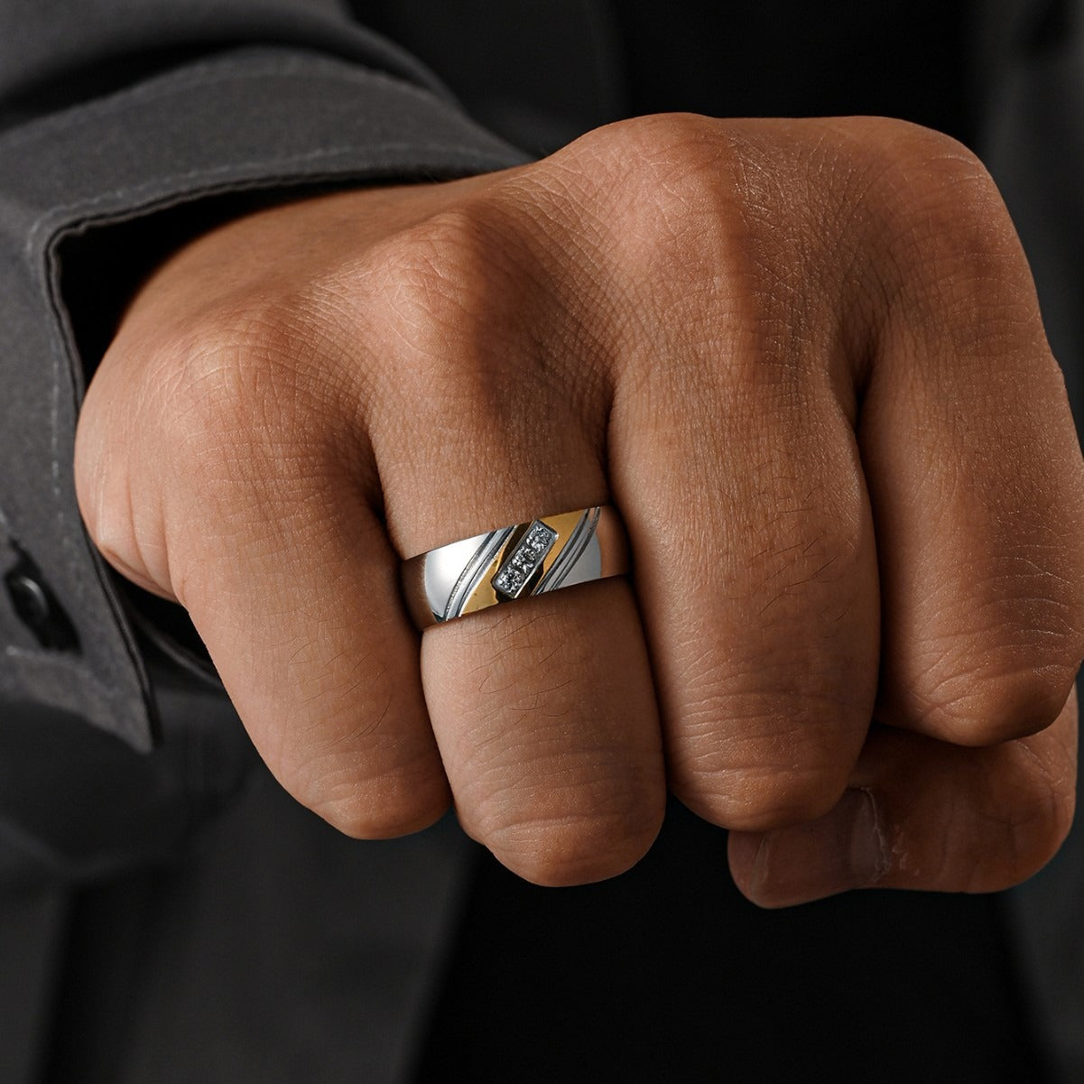 Kemstone Stainless Steel Two Tone Cubic Zirconia Ring for Men Silver Gold TR0422