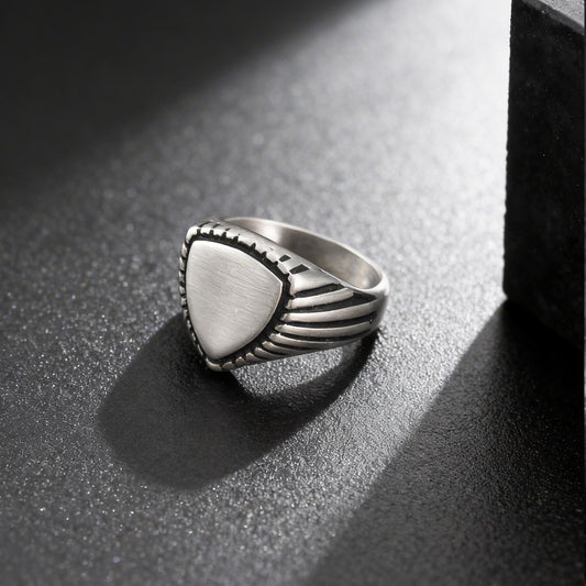 Kemstone Triangle Signet Ring Stainless Steel Brushed Silver for Men RC-843