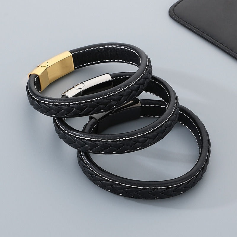 Kemstone Braided Leather Bracelet Secure Clasp Stainless Steel Flat Wristband for Men KB51333-D