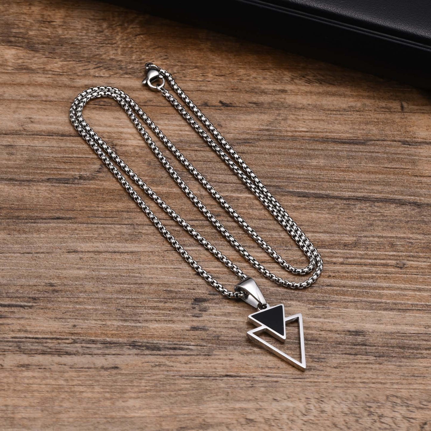 Kemstone Stainless Steel Triangle Pendant Necklace for Men – Black Enamel Geometric Design PN-1834