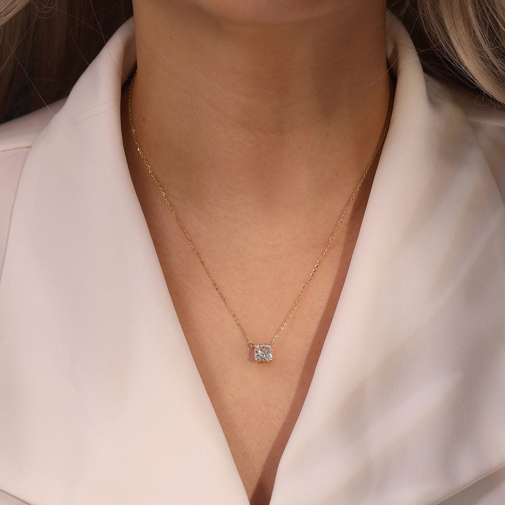 Kemstone 925 Sterling Silver Cushion Cut CZ Pendant Necklace for Women, 8mm Dainty Gold Plated Clavicle Chain A4-LZN29