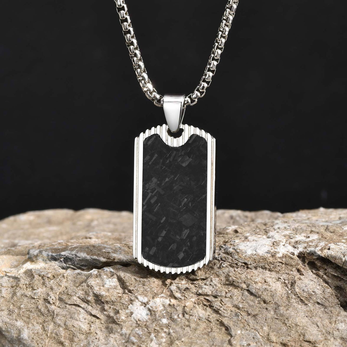 Kemstone Stainless Steel Carbon Fiber Rectangular Pendant Necklace for Men PN-2106