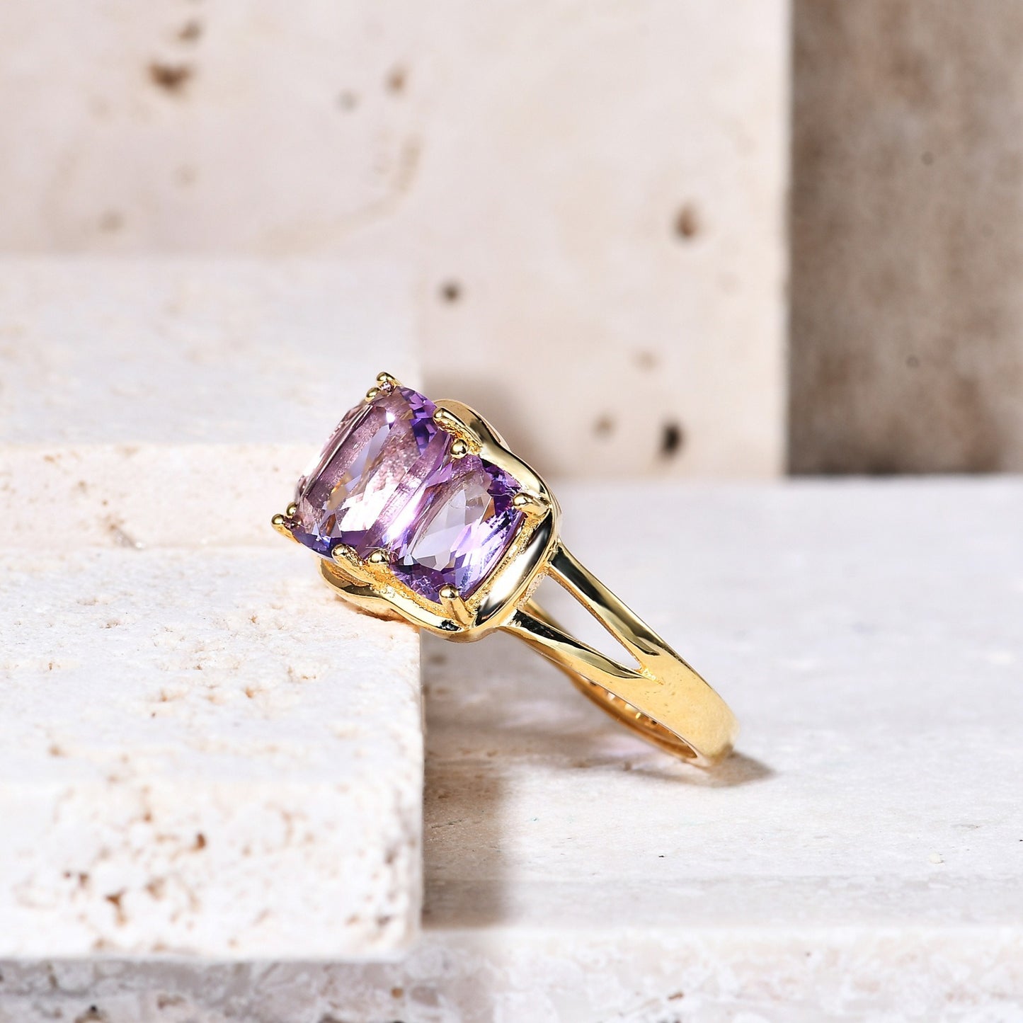 Anillo de plata de ley S925 con amatista natural, diseño original, hecho a mano por Kemstone, chapado en oro de 14 quilates.