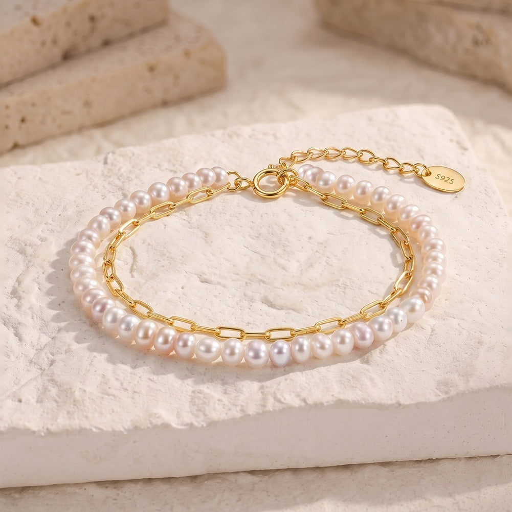 Kemston Double Layer Freshwater Pearl Bracelet for Women 925 Sterling Silver 14K Gold Plated GPB66
