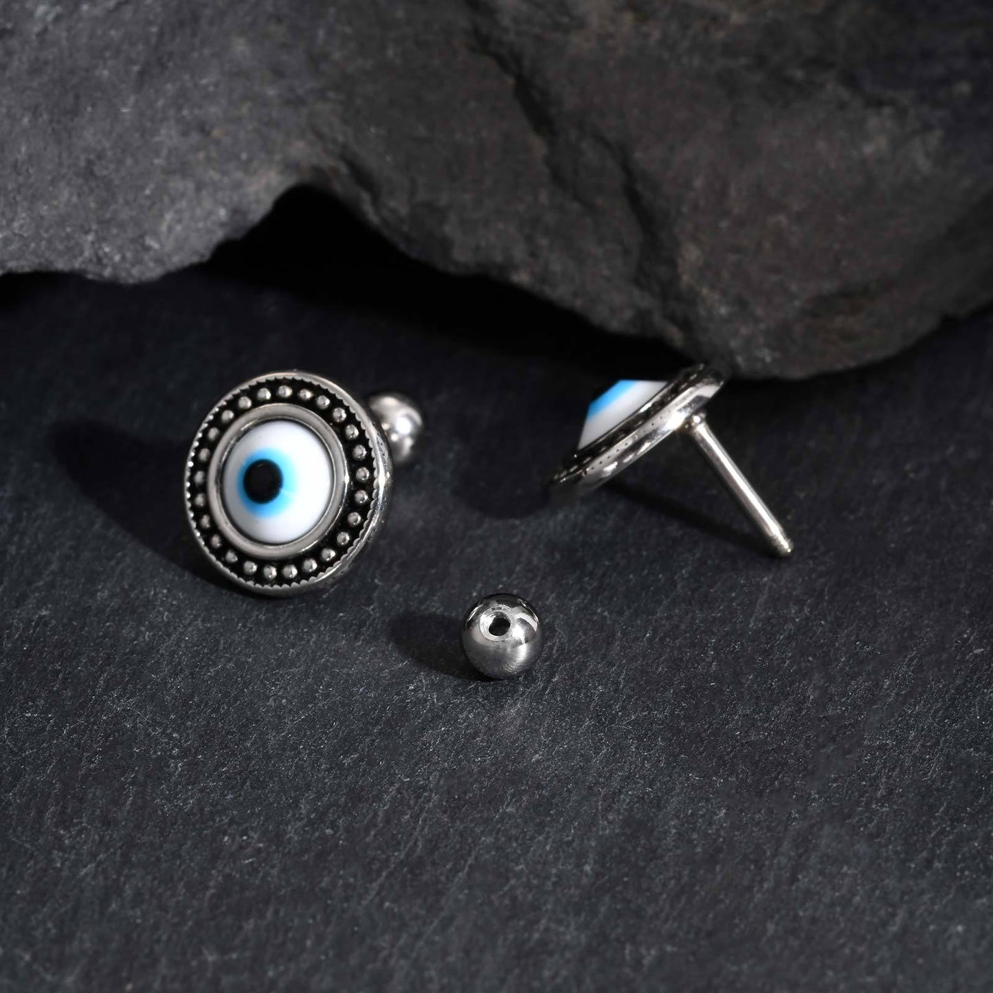 Kemstone Stainless Steel Blue Resin Eye Stud Earrings for Men – Boho Silver ES-766