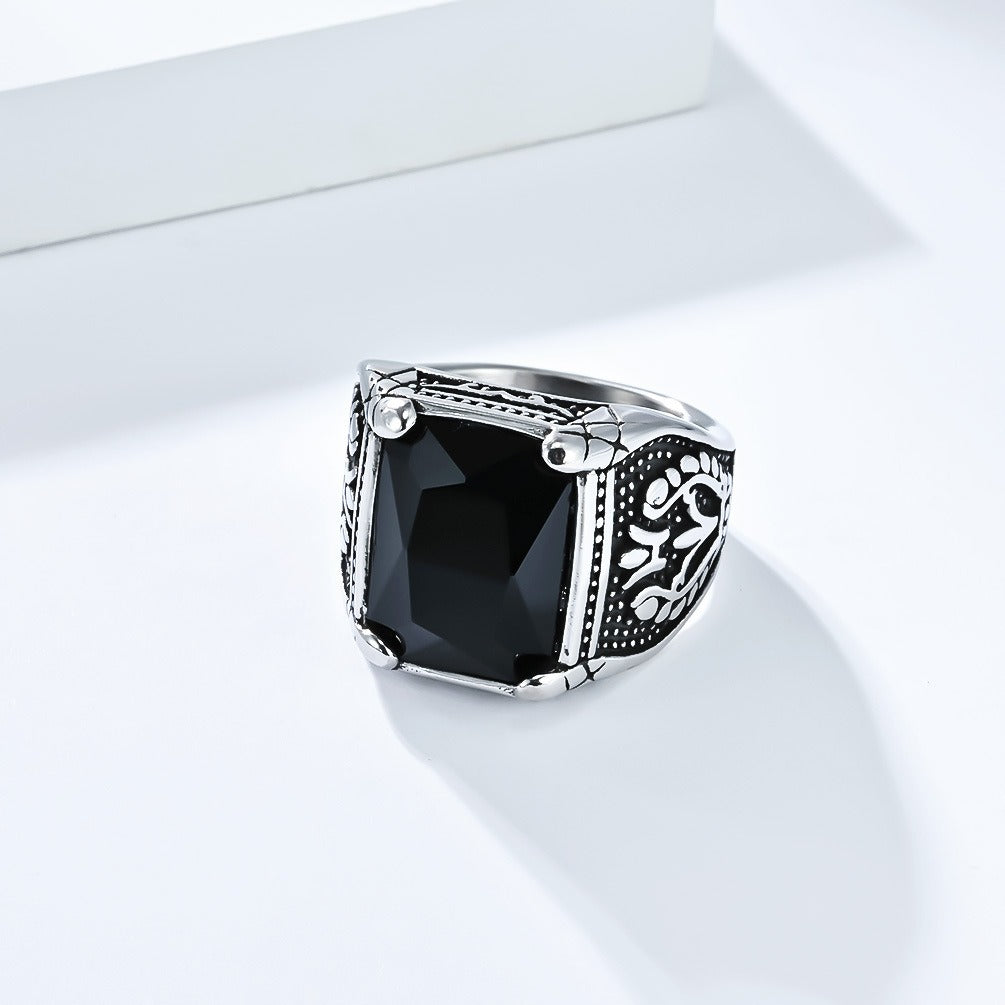 Kemstone Men’s Stainless Steel Ring – Vintage Tulip Glass Stone K-R1014