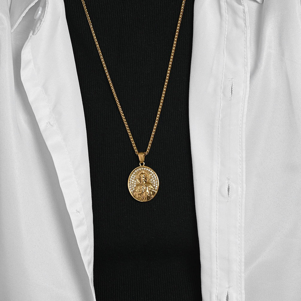 Kemston Stainless Steel Portrait Pendant Necklace for Men Vintage Medallion Style K-PT731