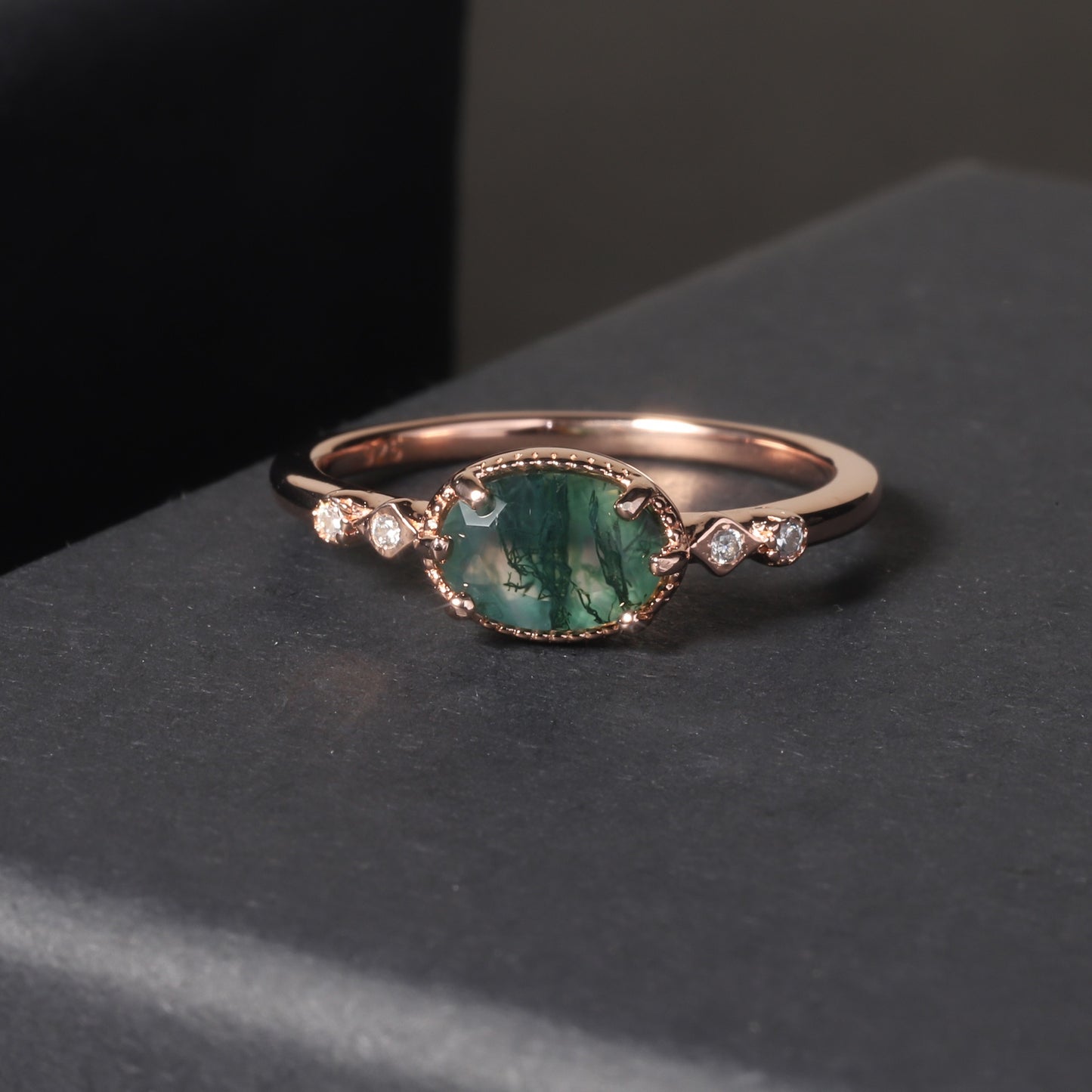 Anillo de compromiso de ágata musgosa de plata esterlina chapada en oro rosa de 18 quilates, diseño original artesanal de Kemstone