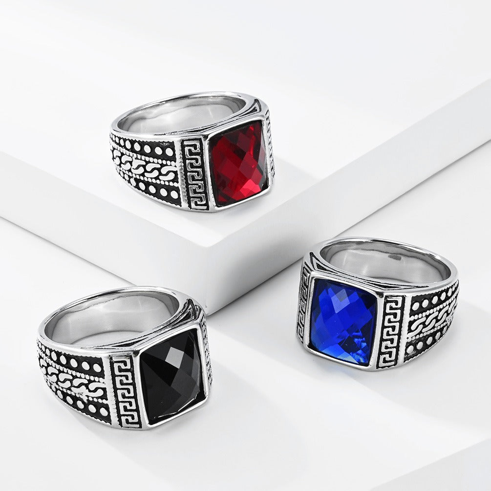 Kemston Stainless Steel Engraved Square Stone Signet Ring for Men R7007