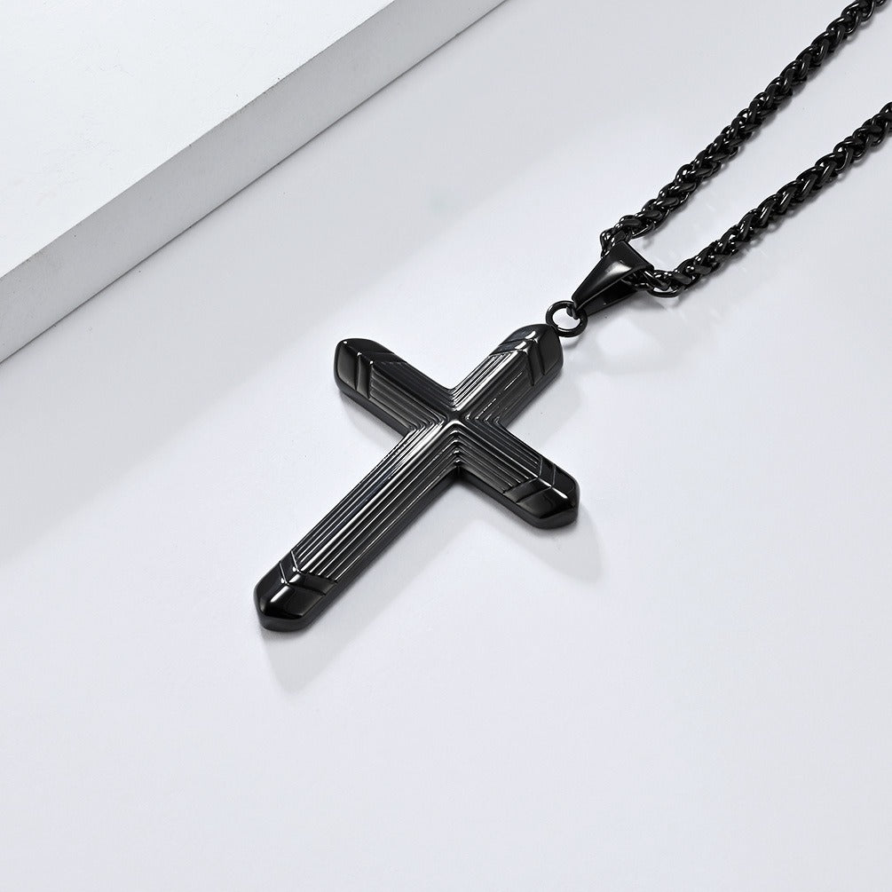 Kemstone Stainless Steel Cross Pendant Necklace for Men – Engraved Line Relief, Silver Gold Black K-PT588
