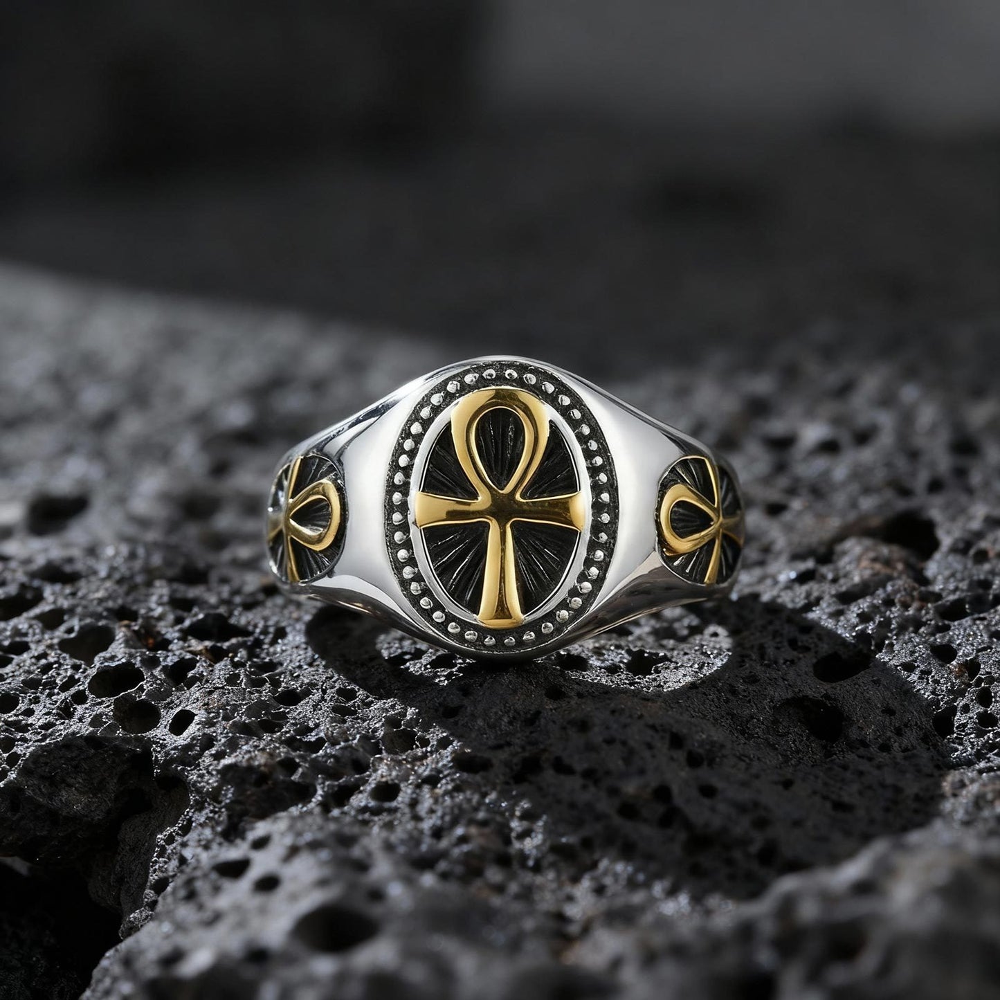 Kemstone Stainless Steel Vintage Ankh Cross Ring for Men – Retro Egyptian Design RC-1087
