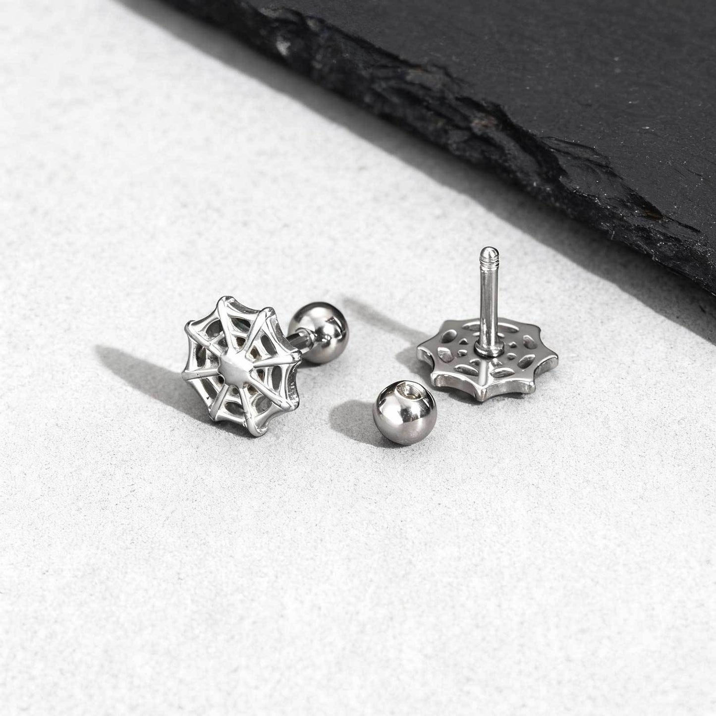Kemstone Stainless Steel Spider Web Stud Earrings – Punk Gothic Style for Men ES-770